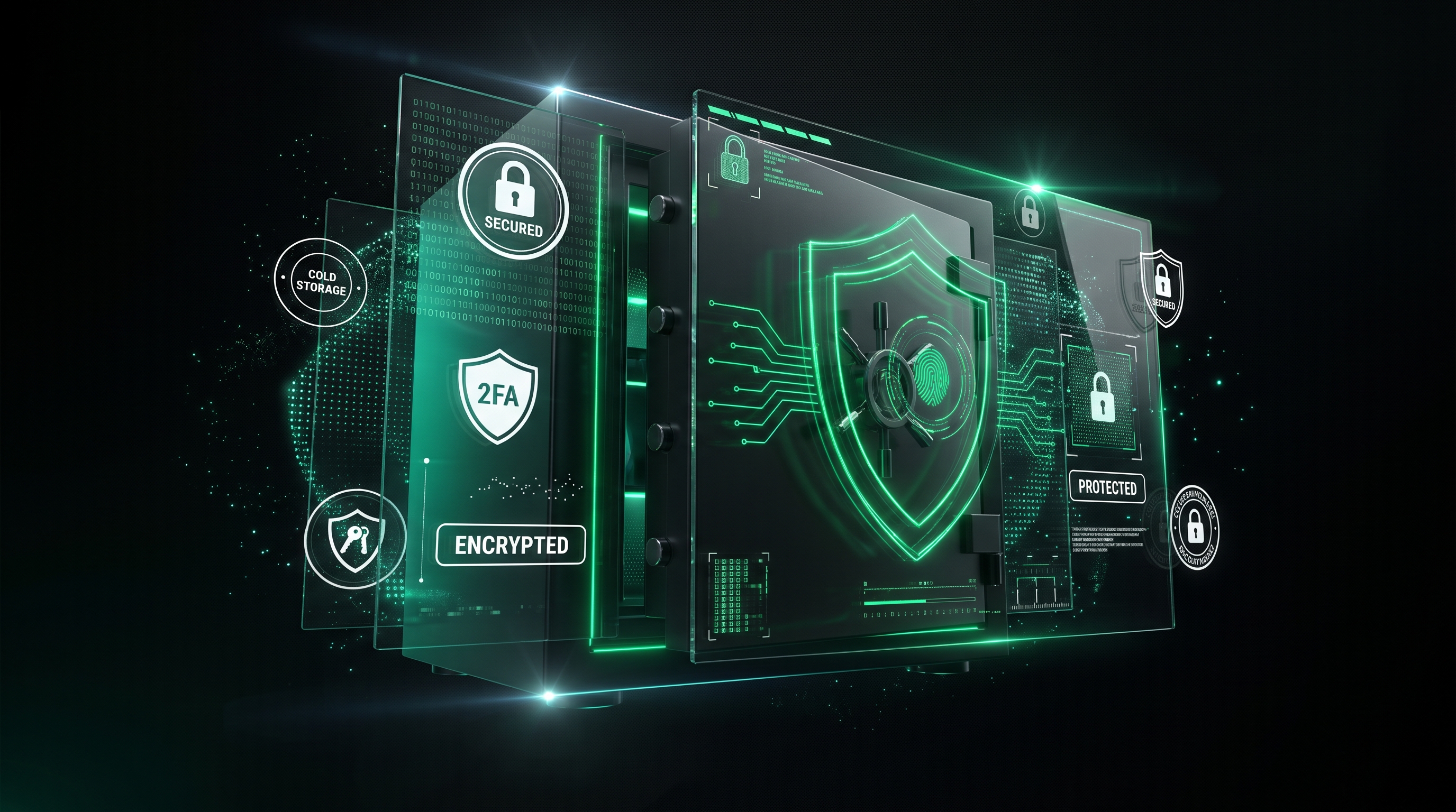 Matte black security vault with shield, encrypted access, and two-factor protection indicators