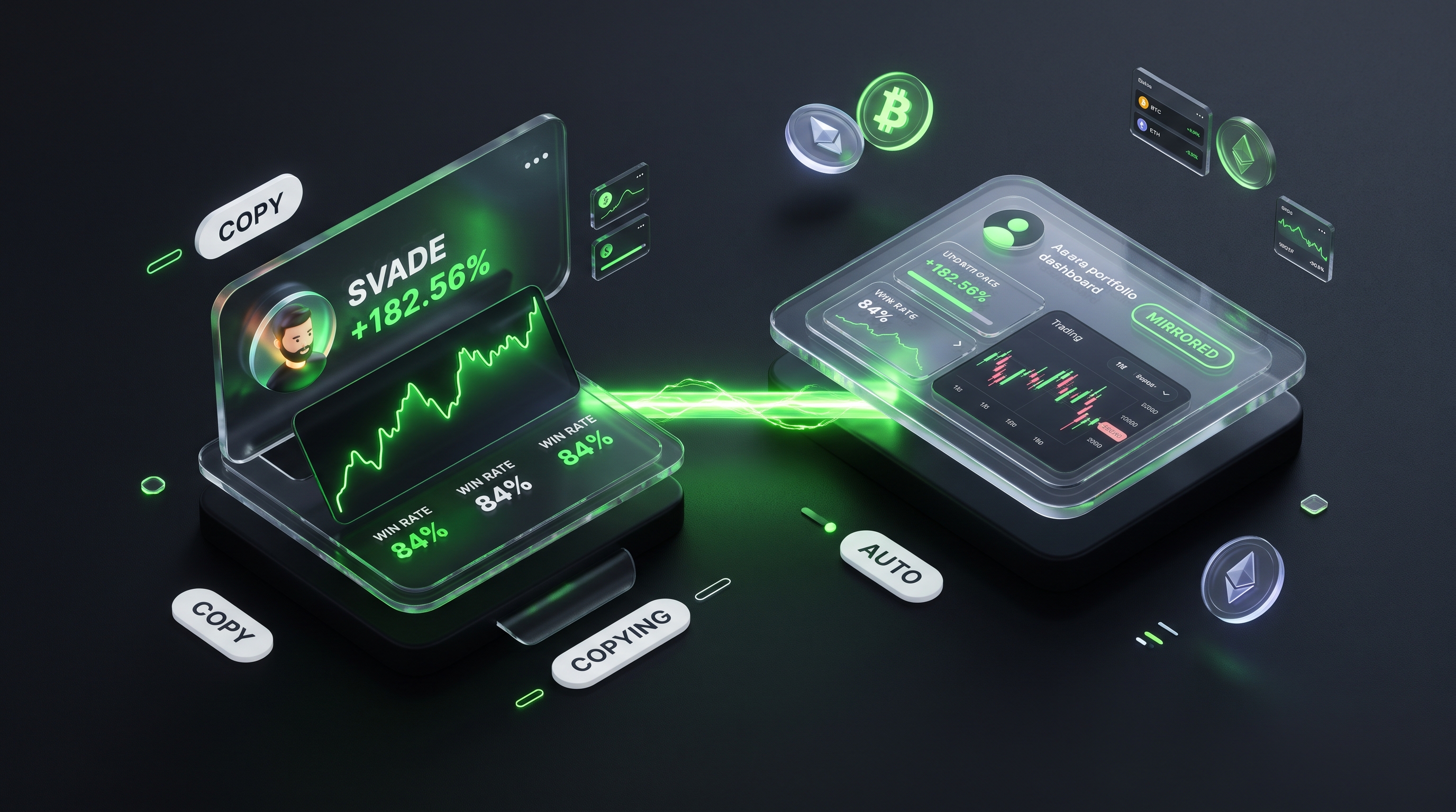 A neon green signal connecting a master trader strategy to an automatically mirrored portfolio